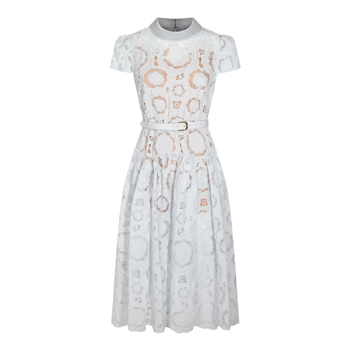 Lace Overlay Midi Dress with Puff Sleeves