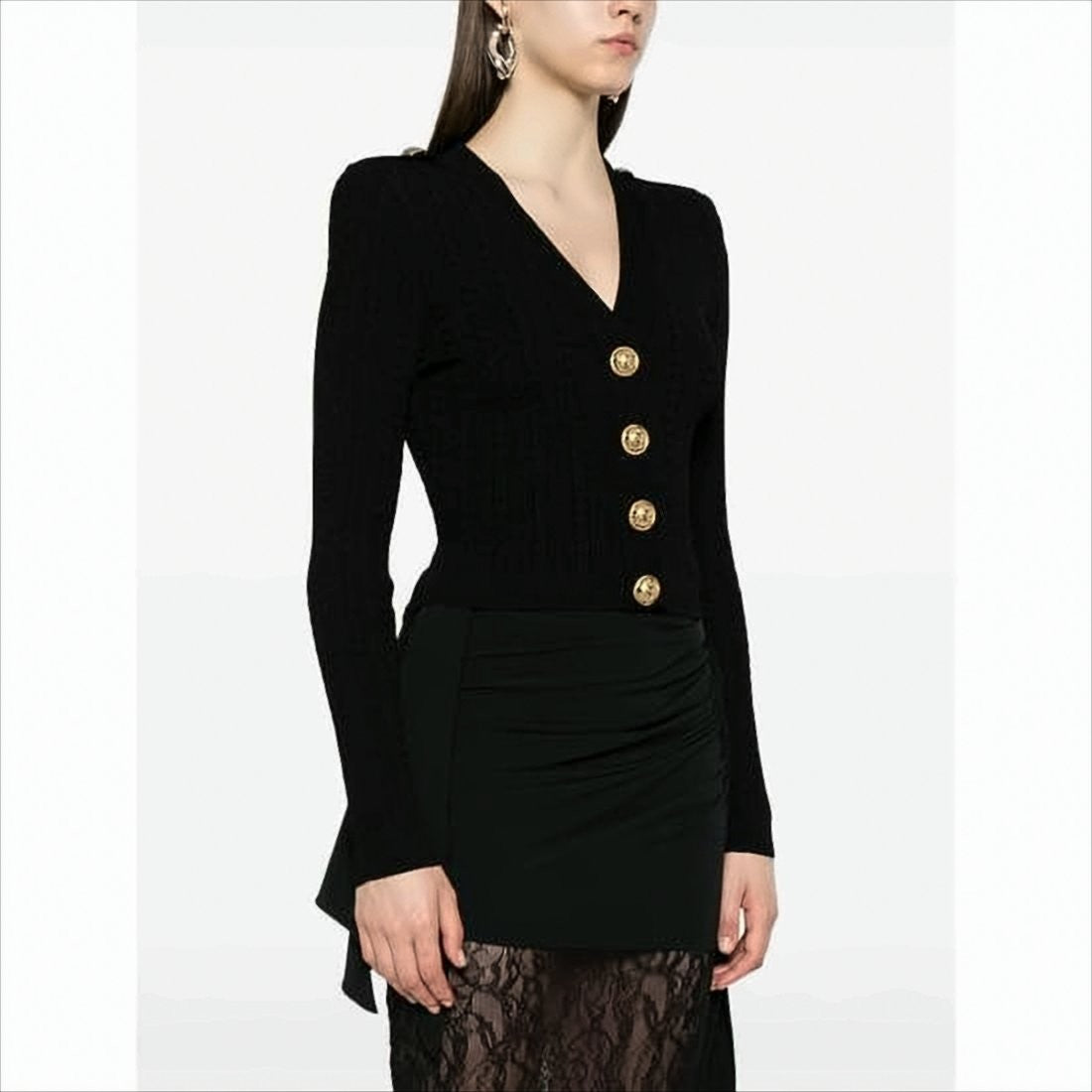Fitted Ribbed Knit Cardigan with Structured Shoulders