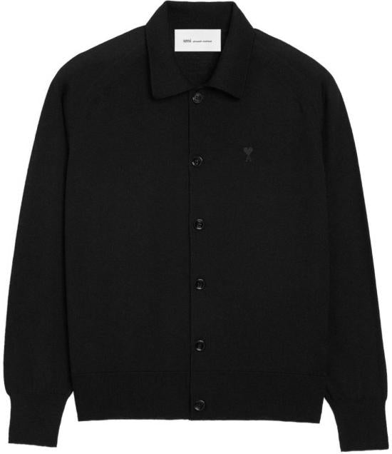 Classic Black Wool Cardigan With Embroidered Heart Emblem