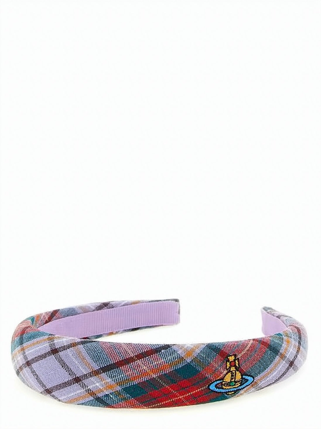 Plaid Linen Headband with Embroidered Emblem