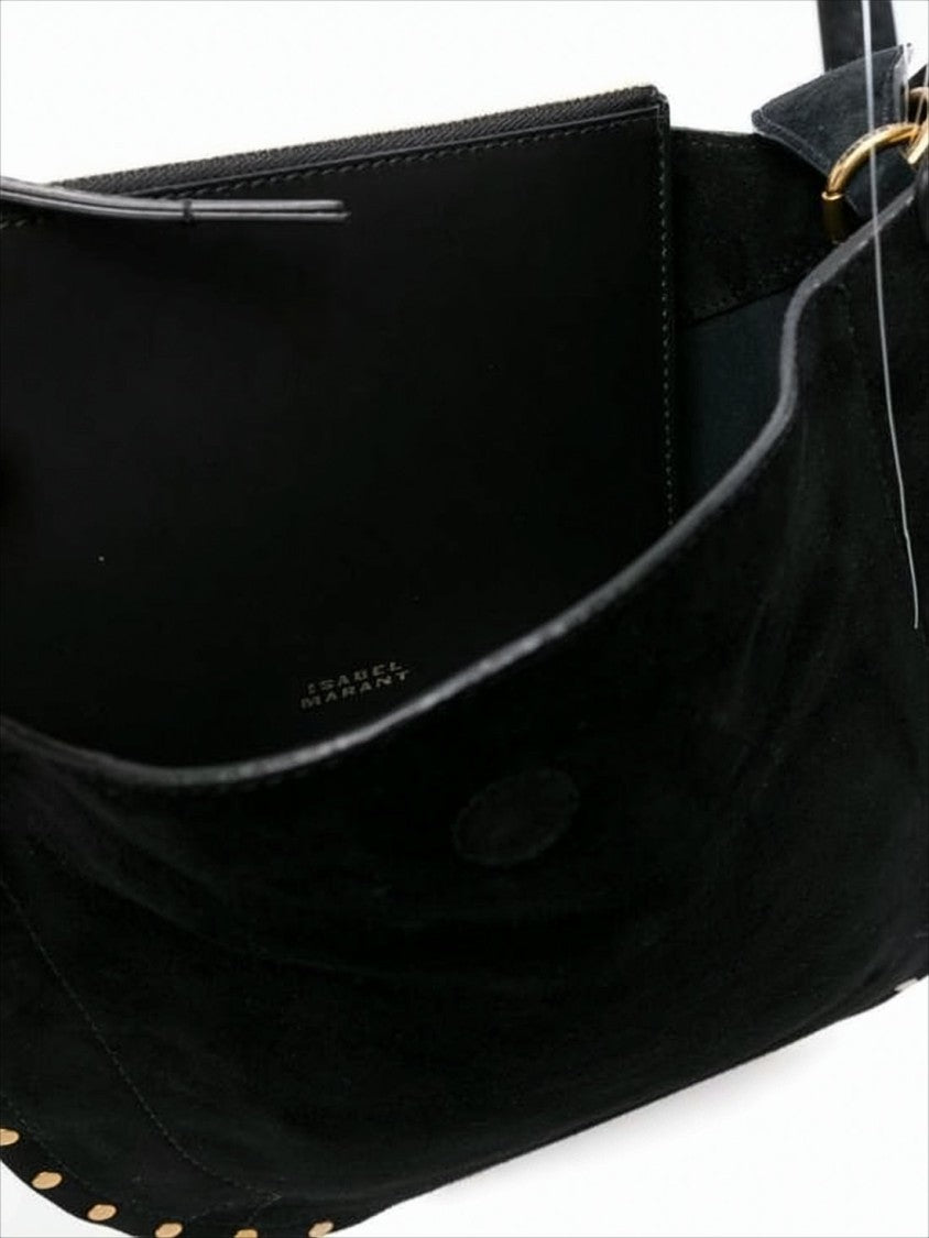 Curved Black Suede Shoulder Bag with Gold-tone Studs