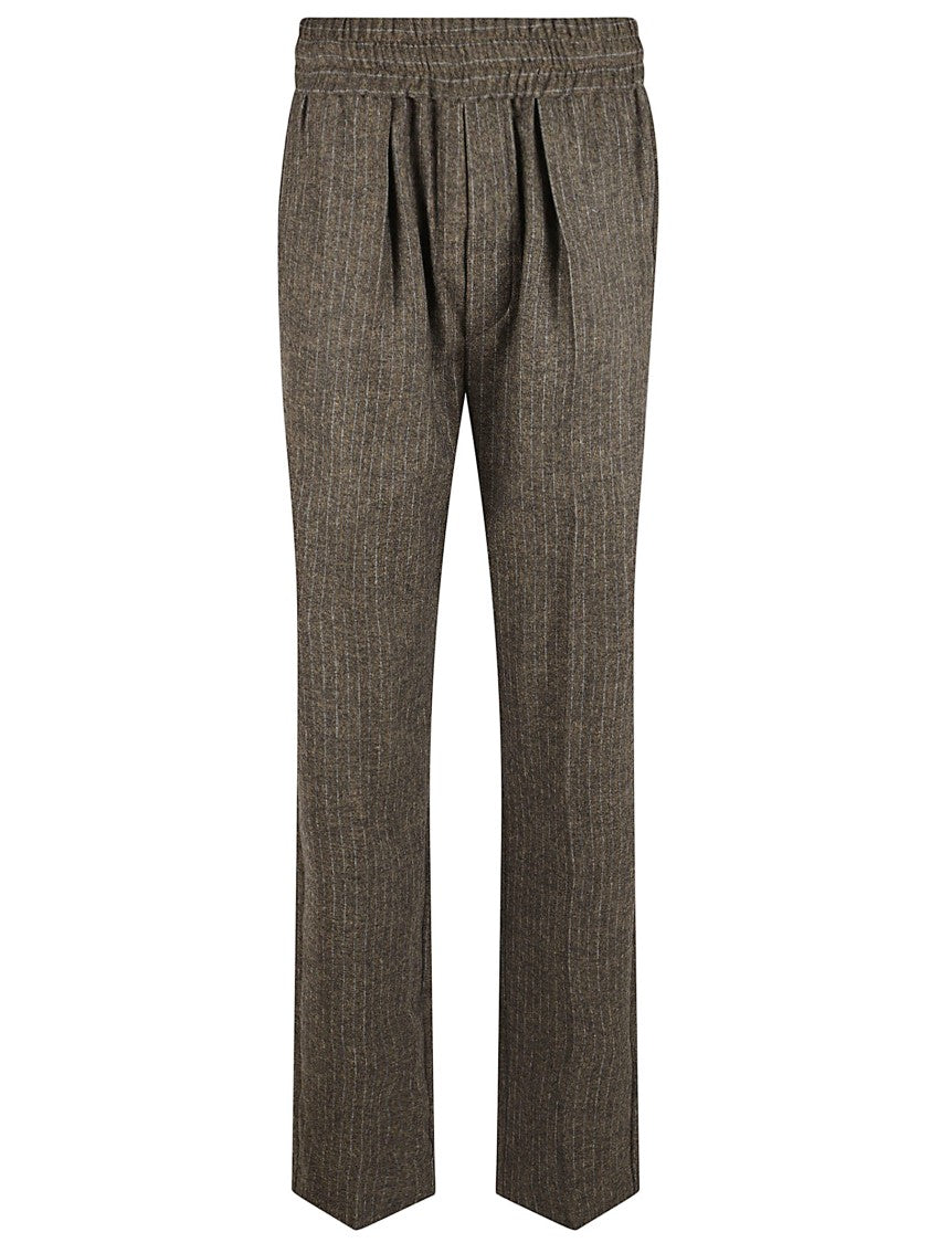 Dark Bronze Pinstripe Trousers With Elasticated Waistband