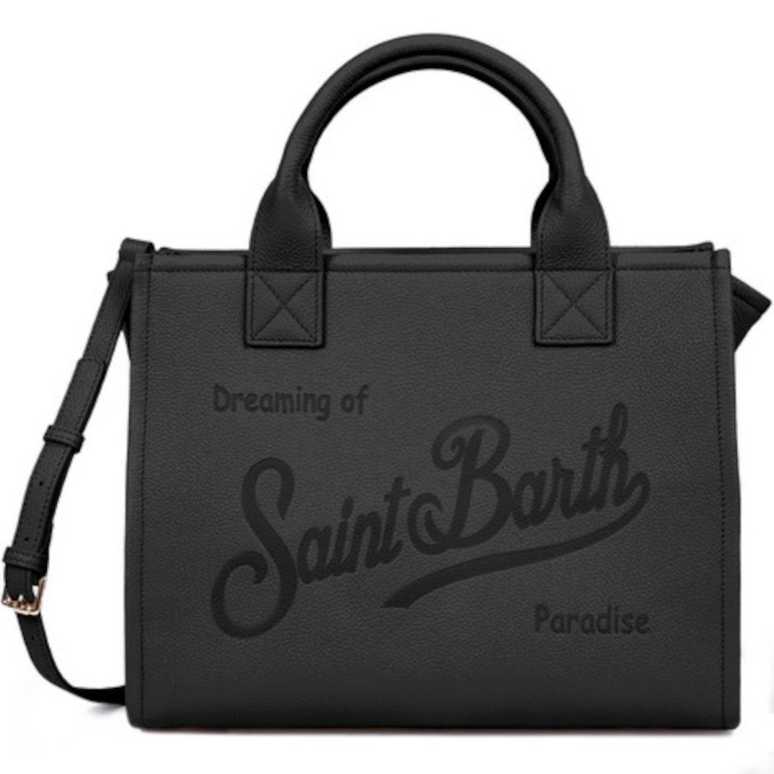 Structured Black Handbag With Adjustable Shoulder Strap And Embossed Detailing