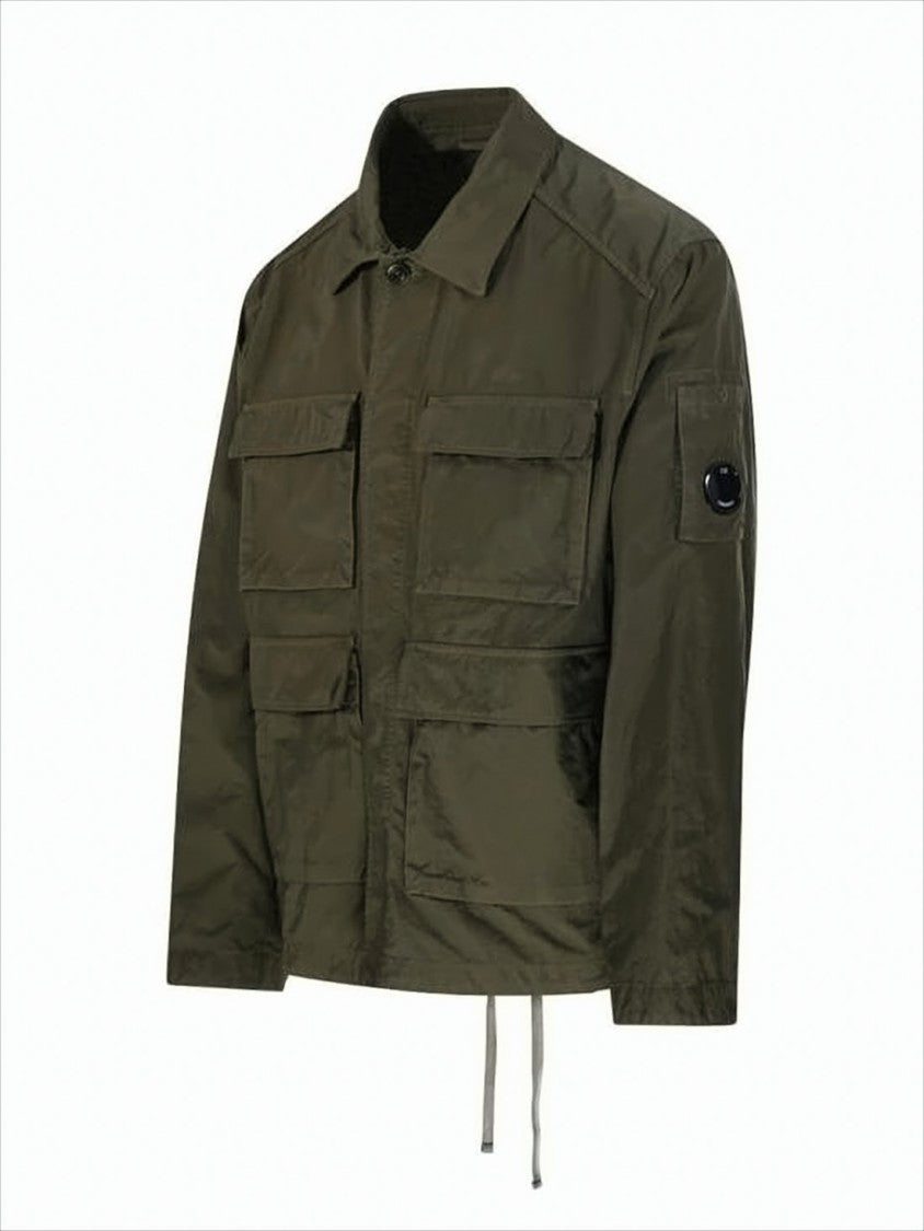 Utilitarian Green Jacket With Classic Collar And Adjustable Drawstrings
