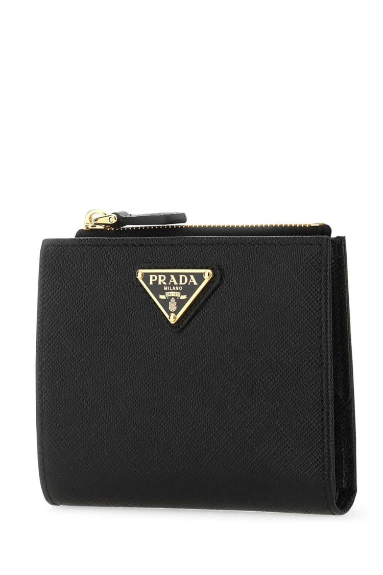 Compact Black Zip Wallet with Triangular Logo Plaque