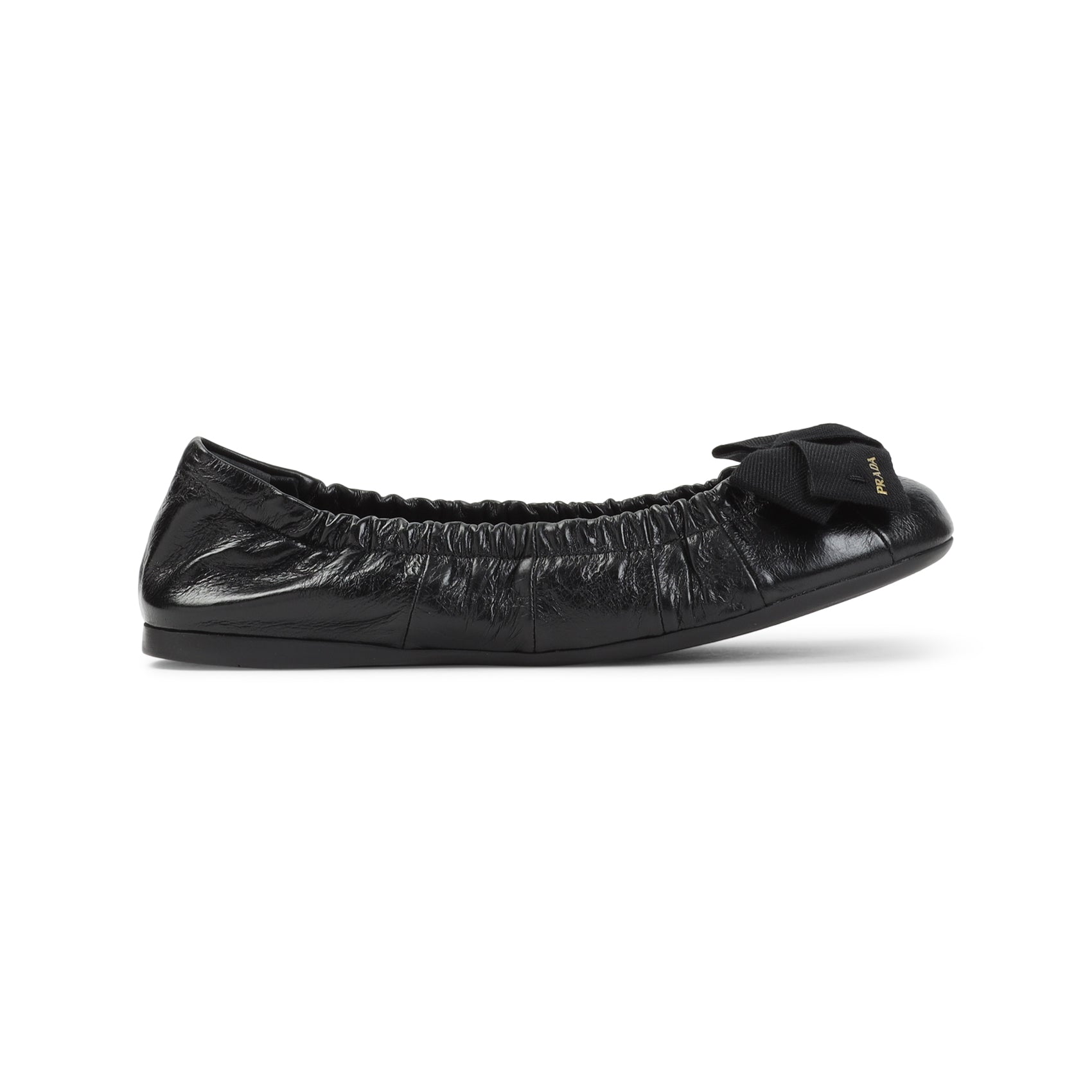 Gathered Black Calf Leather Ballerina Flats