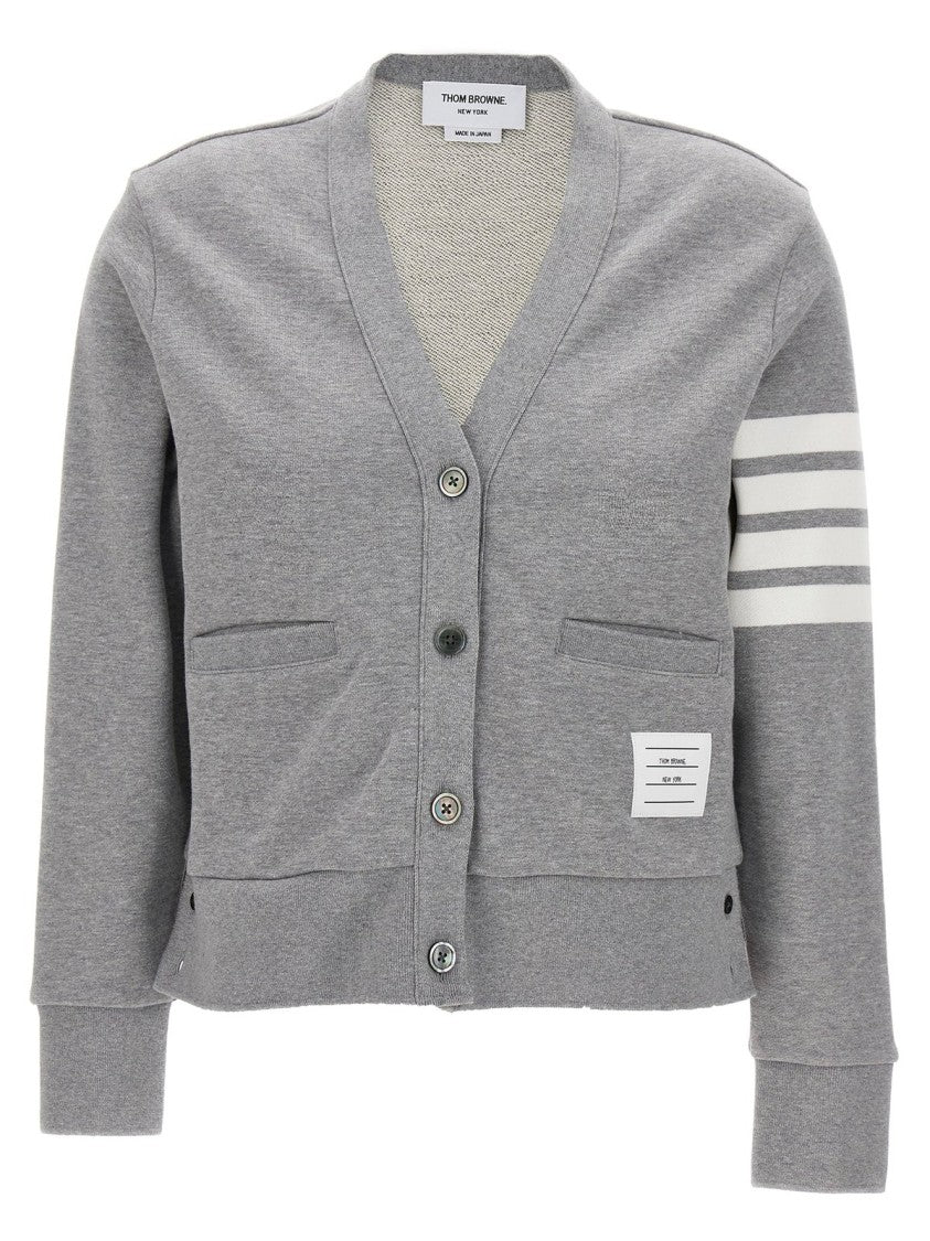 V-Neck Button-Down Grey Cardigan with Signature Stripes