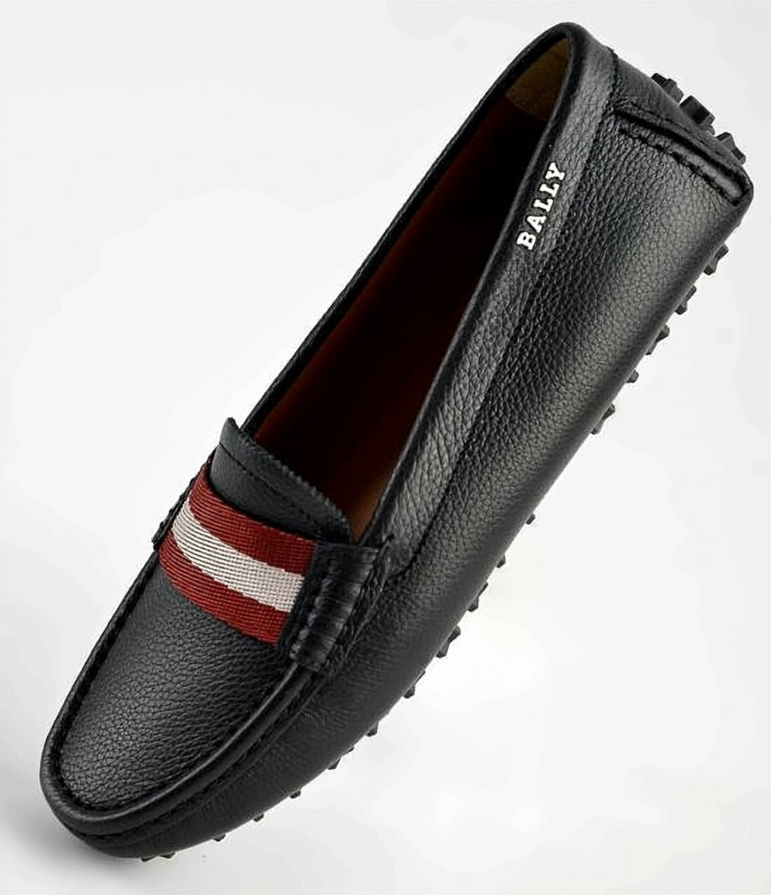 Textured Black Leather Loafers with Striped Fabric Band