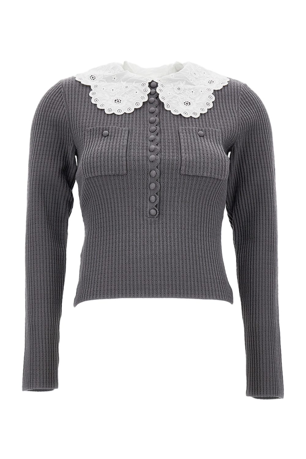 Fitted Ribbed Knit Top With Wide Collar