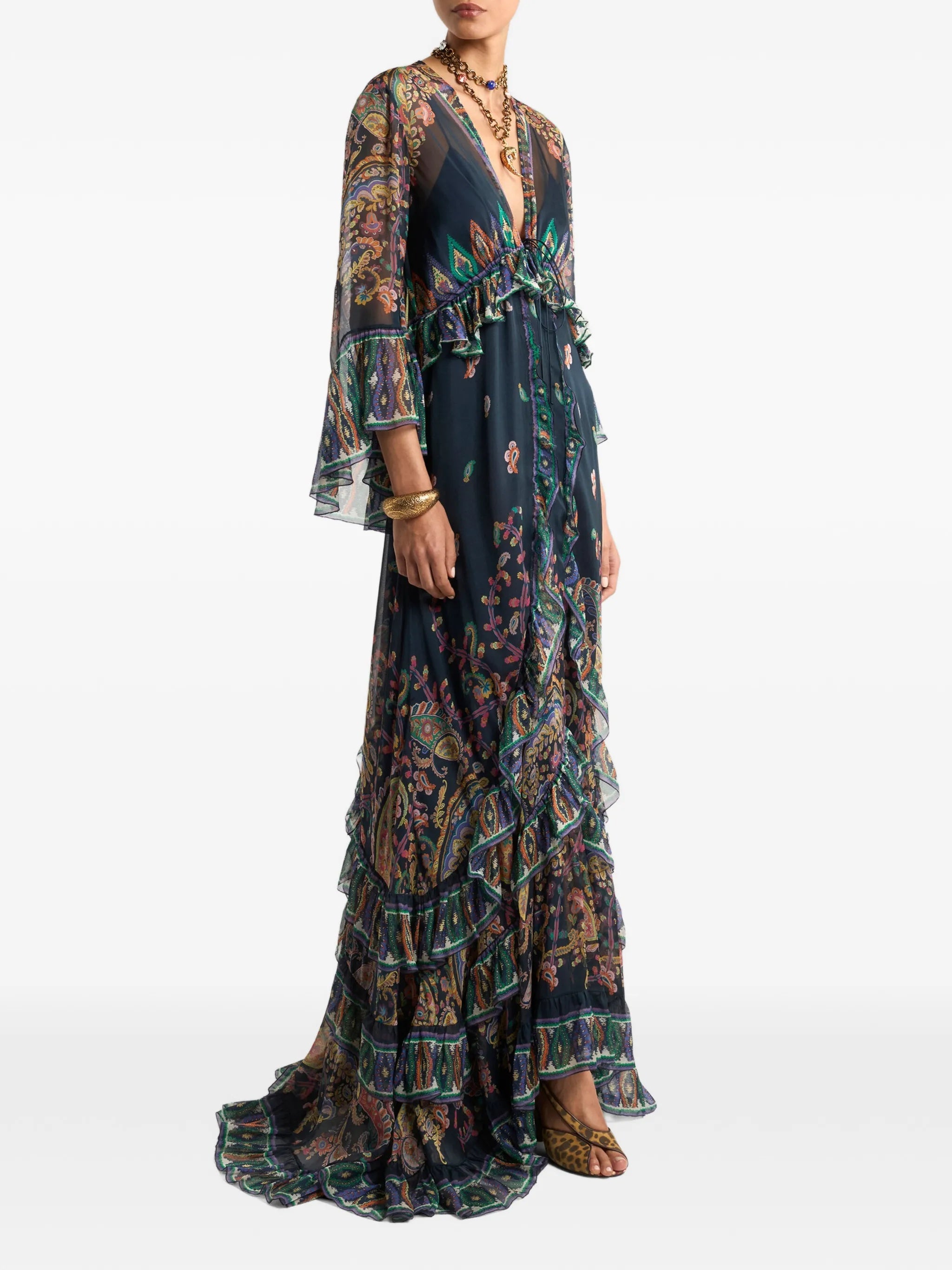 Black Maxi Flared Paisley Ruffled Dress