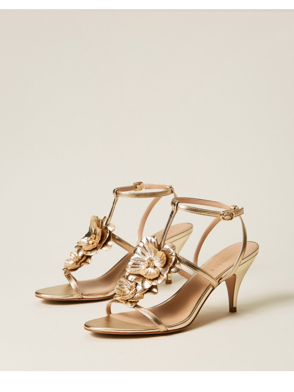 Kitten Heel Sandals with Metallic Gold Finish