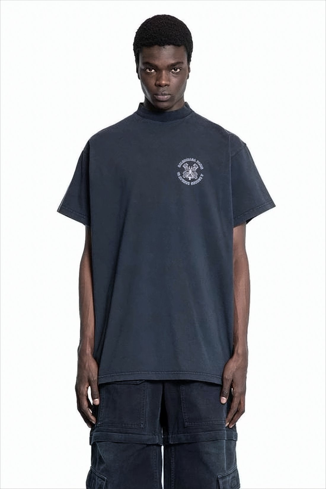 Loose-Fitting Black T-Shirt with High Neckline