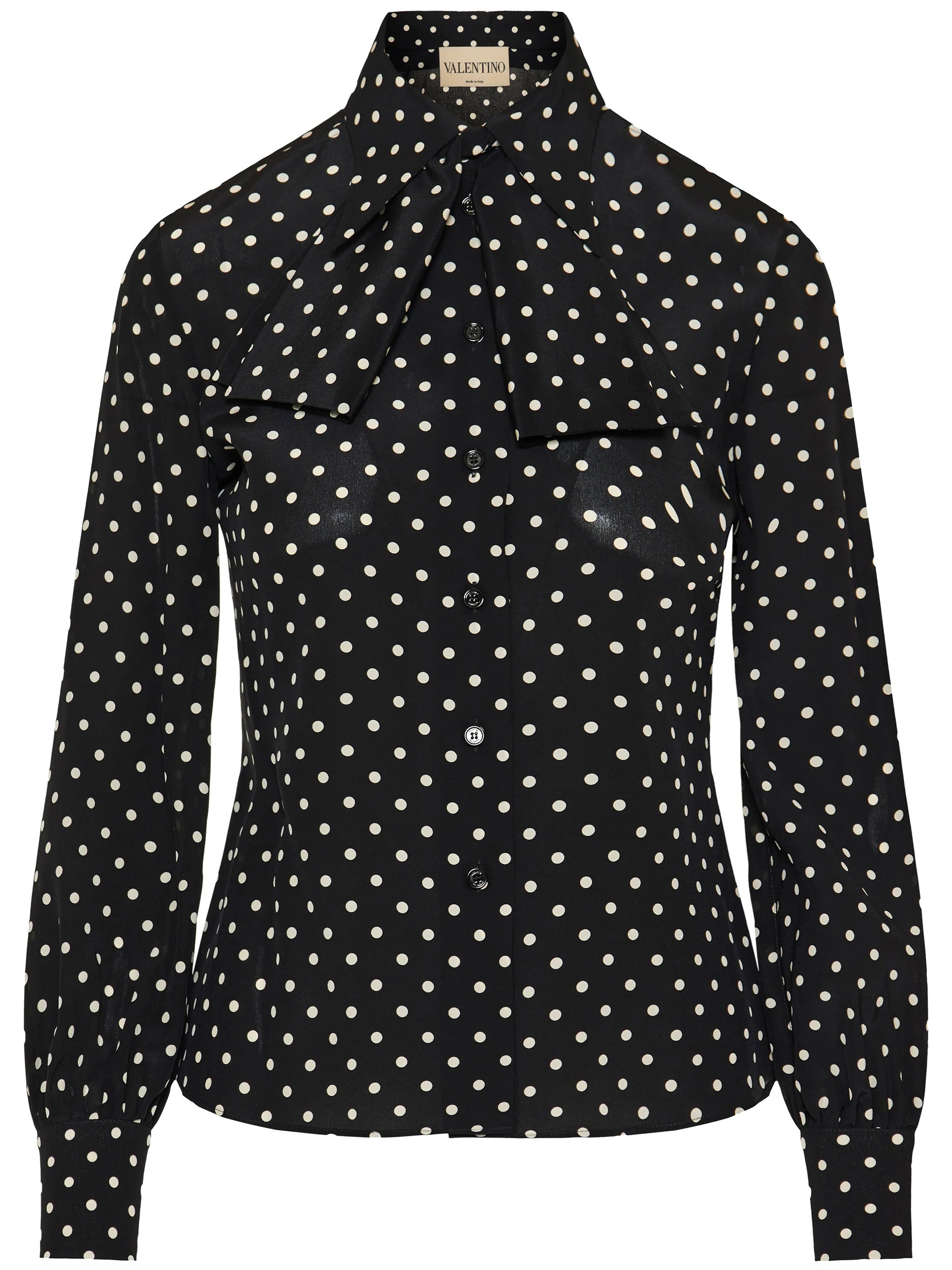 Black Polka Dot Silk Bow Shirt