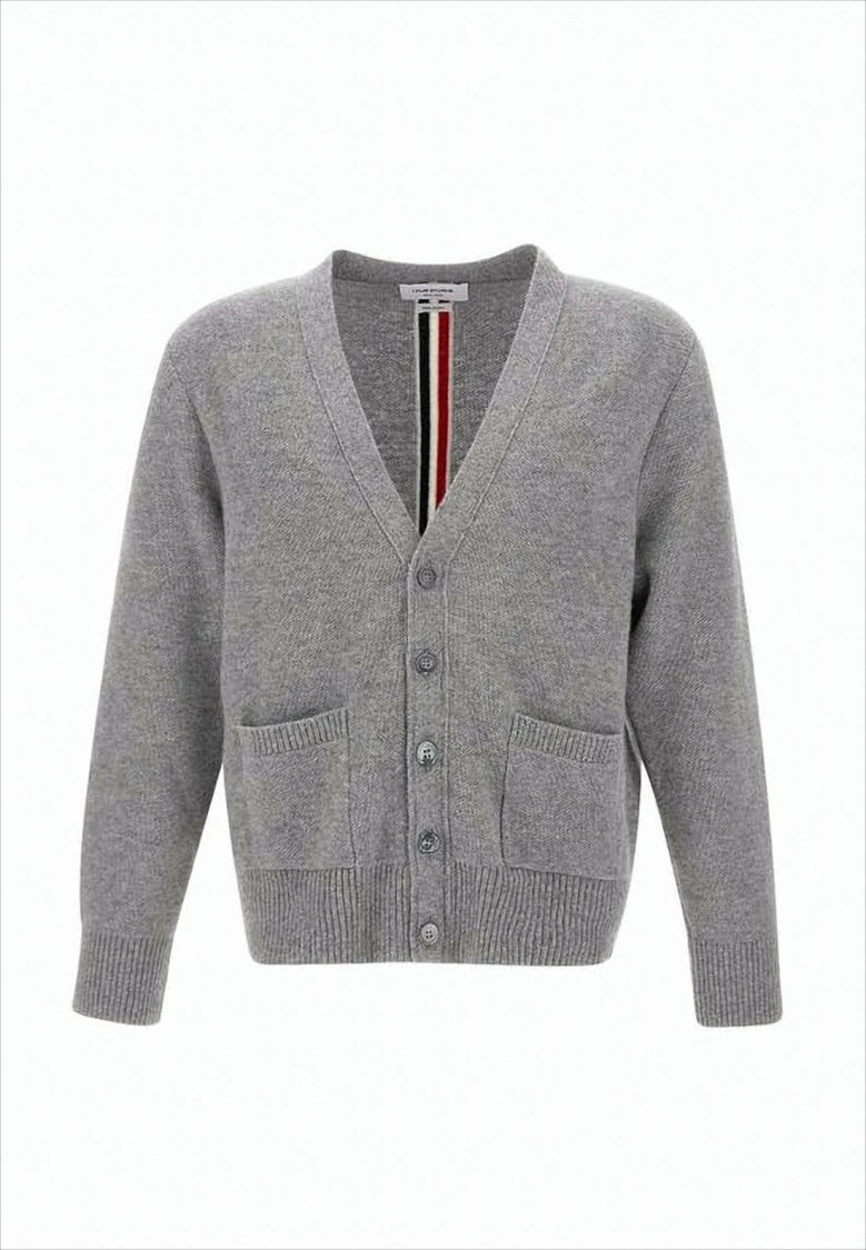 V-Neck Grey Wool Cardigan with Distinctive Stripe Detail