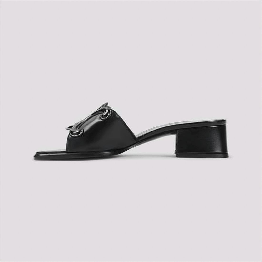 Open Toe Mules With Glossy Emblem Detail