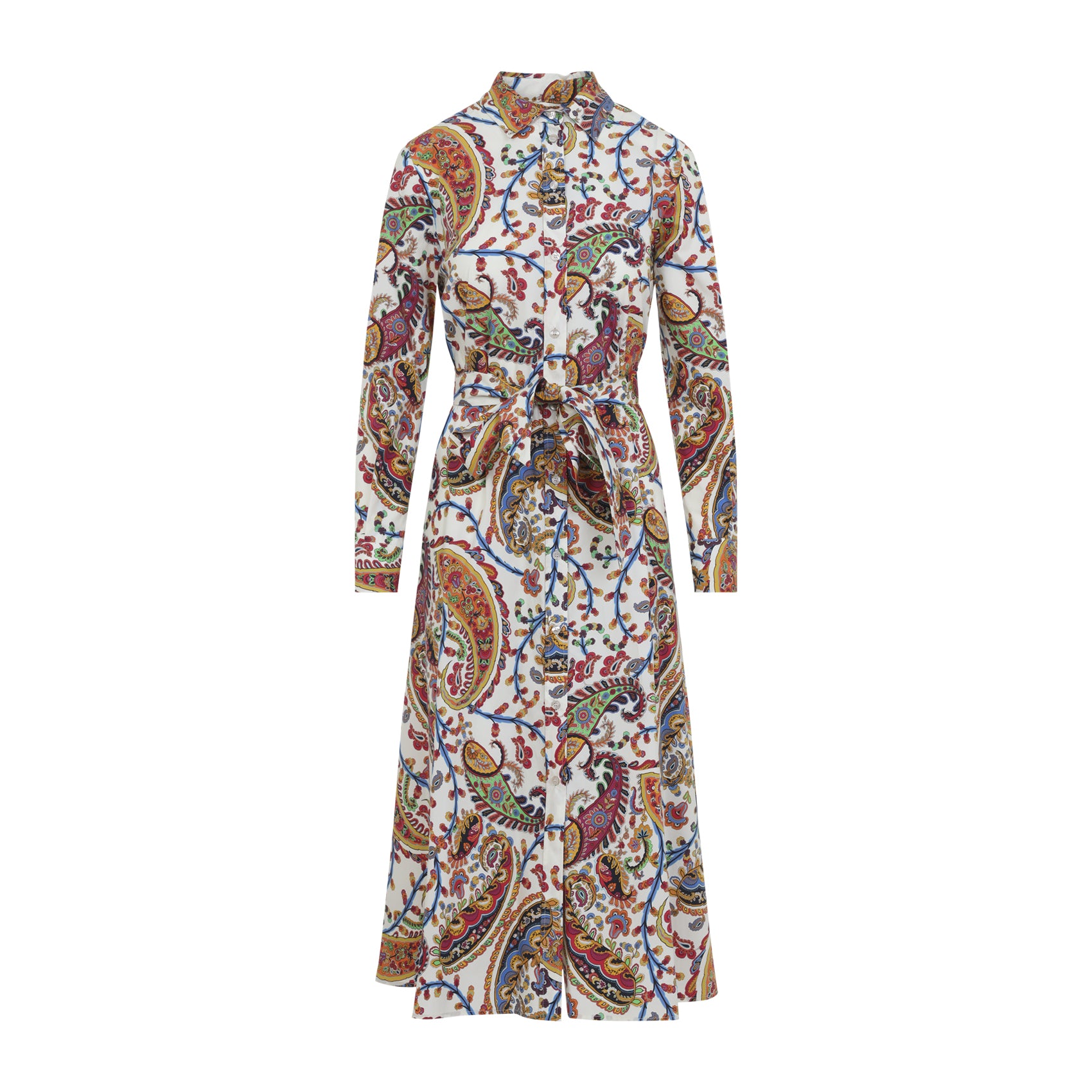 Multicolor Paisley Midi Dress With Belted Waist