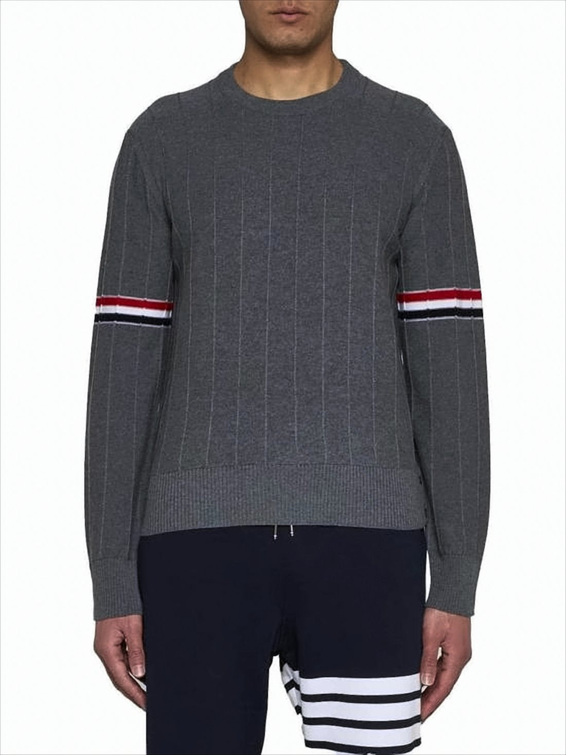 Boxy Grey Wool Sweater with Distinctive Horizontal Stripes