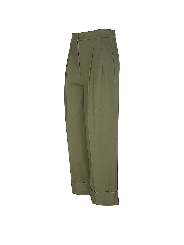 Cropped Olive Green Pants With Pleated Front