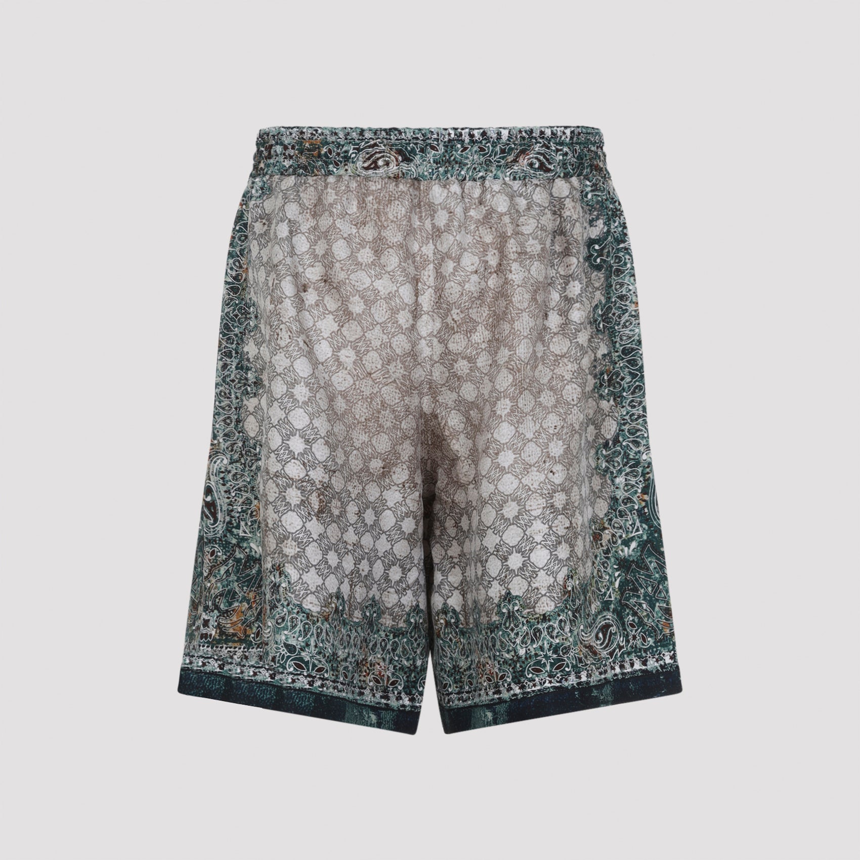 Green Bermuda Shorts With Intricate Geometric And Floral Motifs