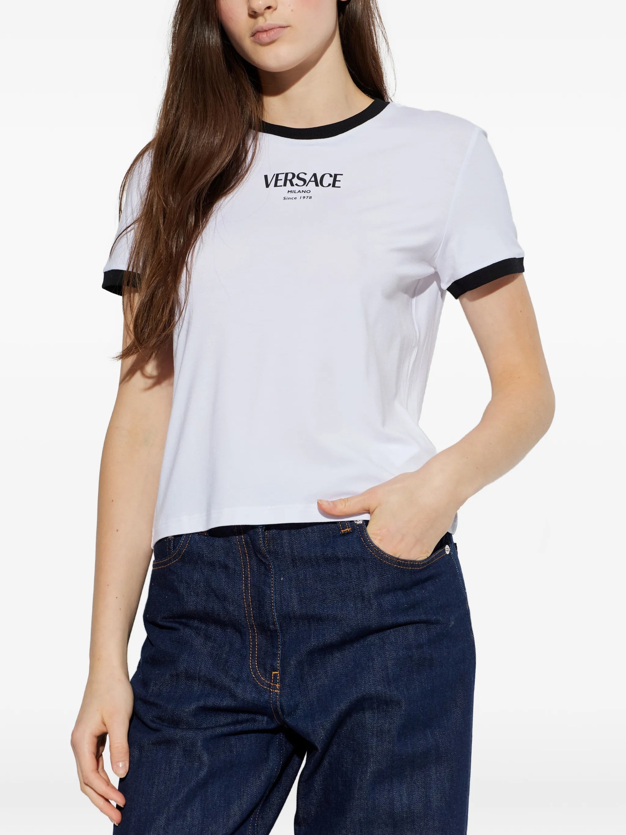 White Cropped Viscose Contrast Trim T-shirt
