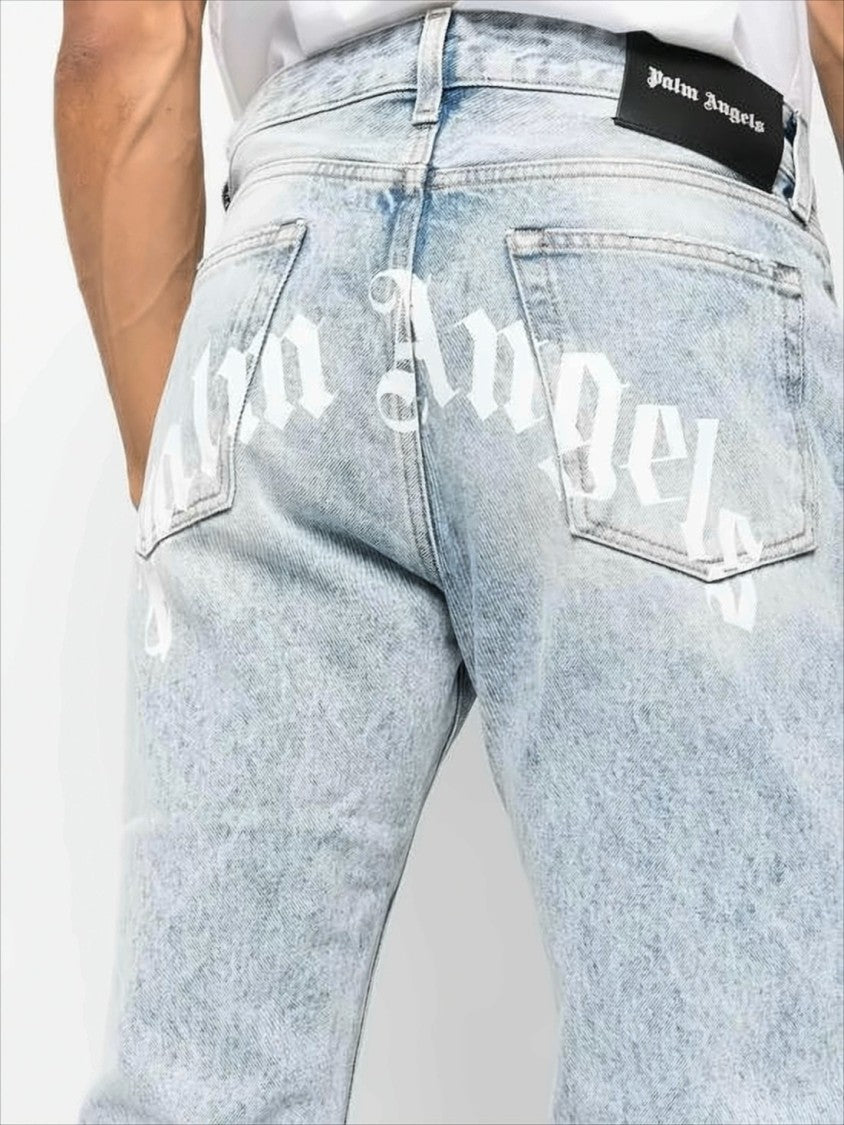 Light Acid-Wash Blue Denim Pants with Logo Detailing