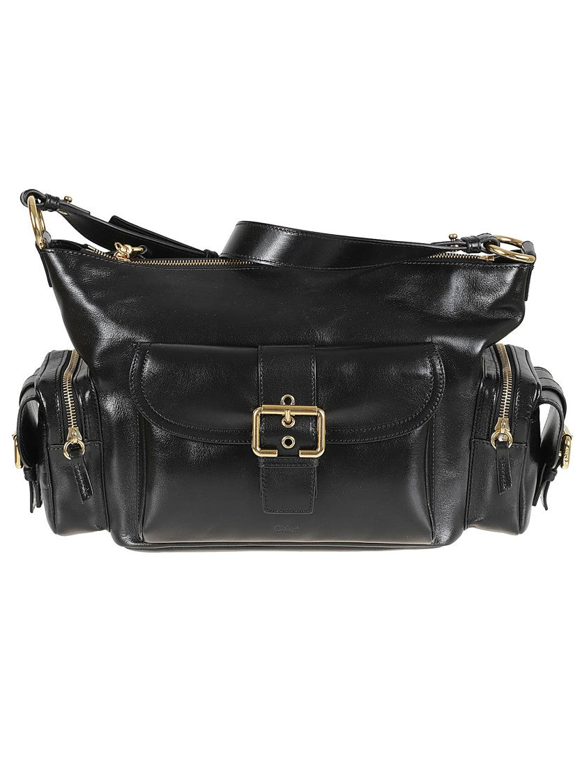 Structured Black Leather Bag With Gold-Tone Hardware