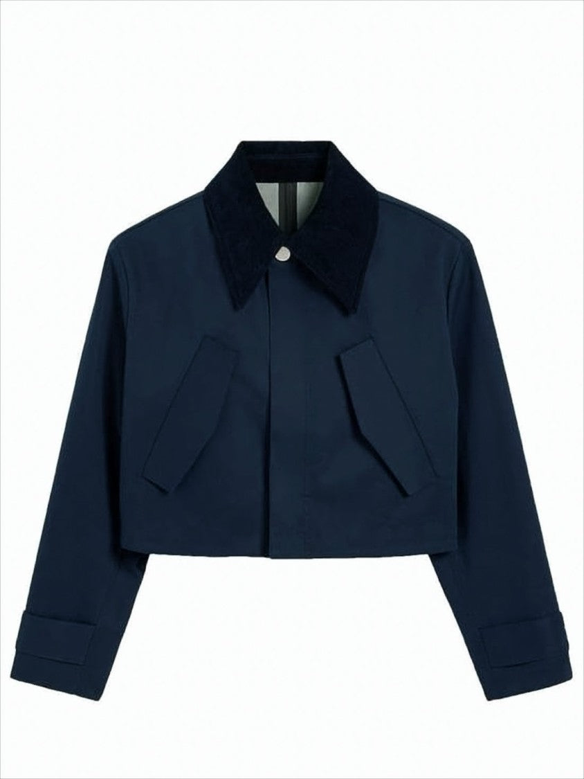 Cropped Boxy Jacket With Contrasting Collar And Flap Pockets