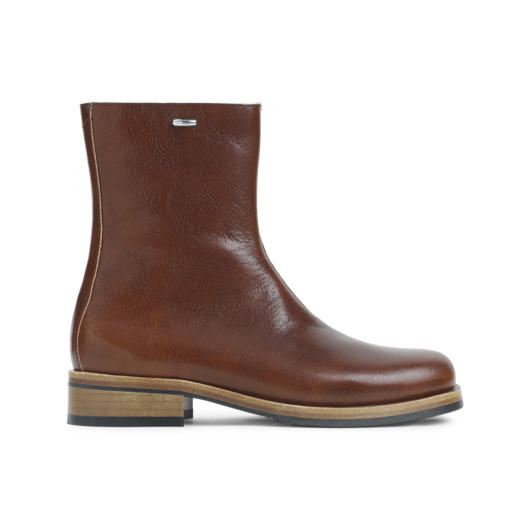 Brown Smooth Leather Ankle Boot With Stacked Heel And Side Zipper