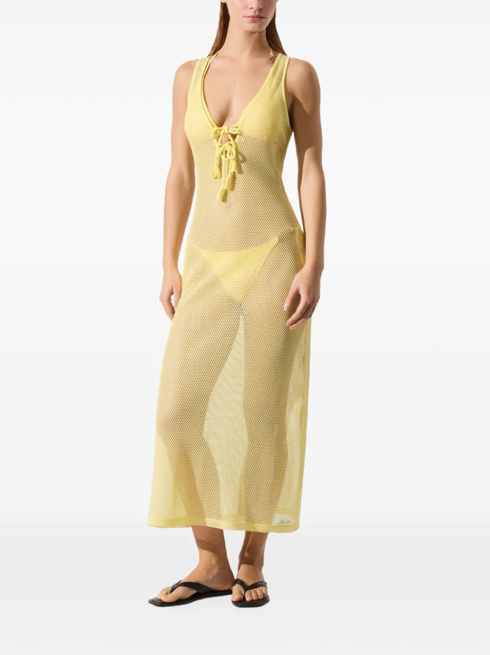 Sleeveless Long Mesh Dress with Lace-Up Detail