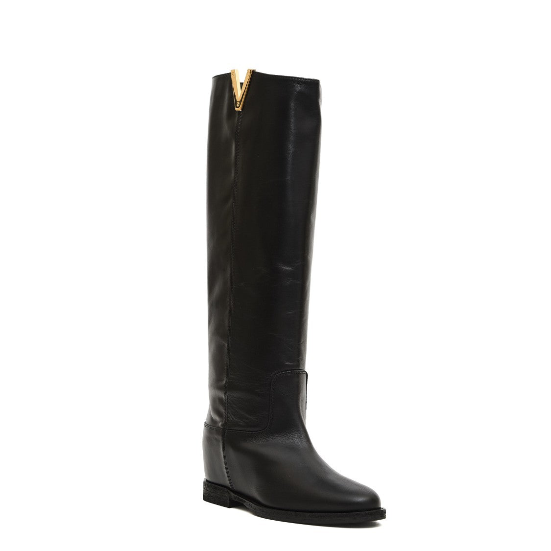 Tall Leather Boots With Gold V Accent And Wedge Heel
