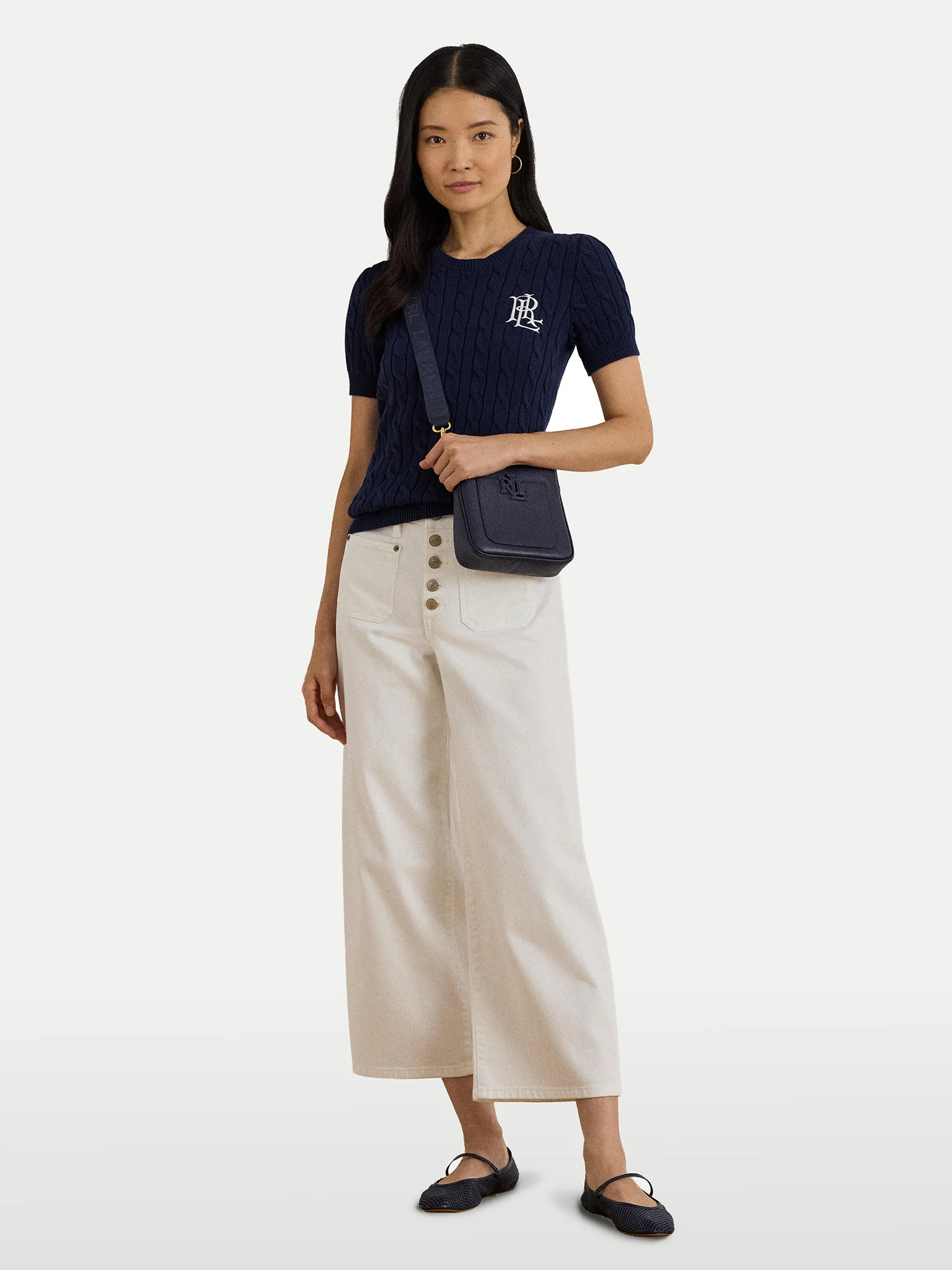 Navy Blue Eyelah Linen Pullover Knit Top