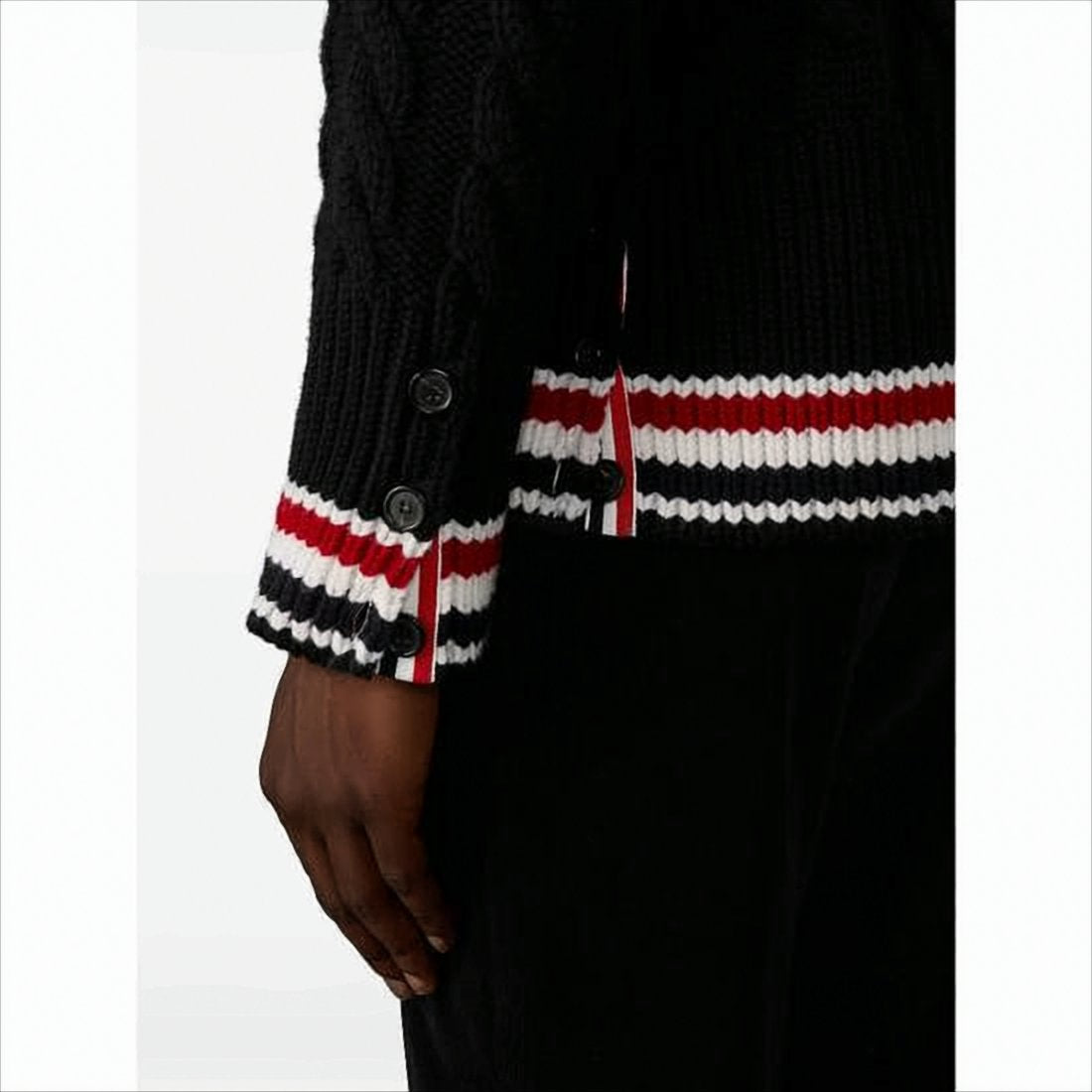 Classic Cable Knit Cardigan with Tricolor Accents