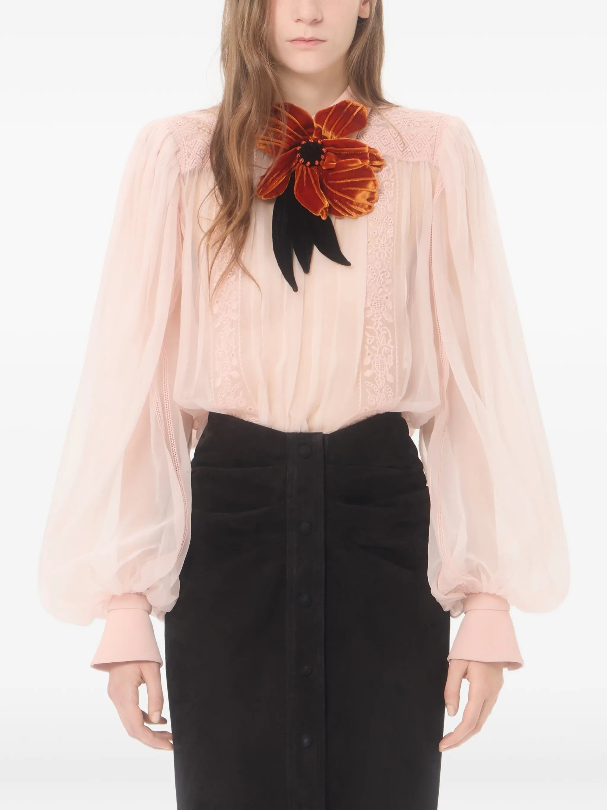 Neutral Sheer Velvet Floral Applique Blouse