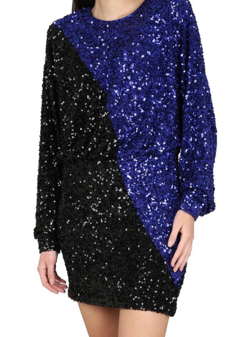 Color Block Sequined Mini Dress With Long Sleeves