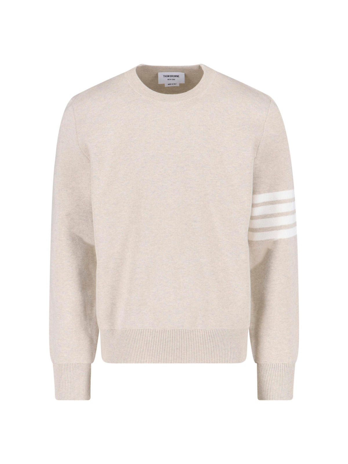 Beige Cotton Crew Neck Sweater with Four-Bar Detail