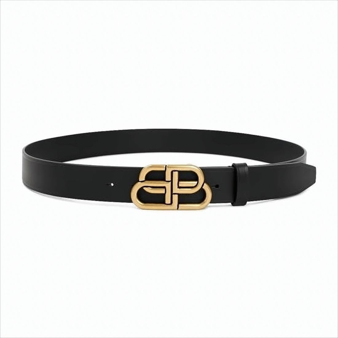 Black Leather Belt with Gold-tone Interlocking Double-B Buckle
