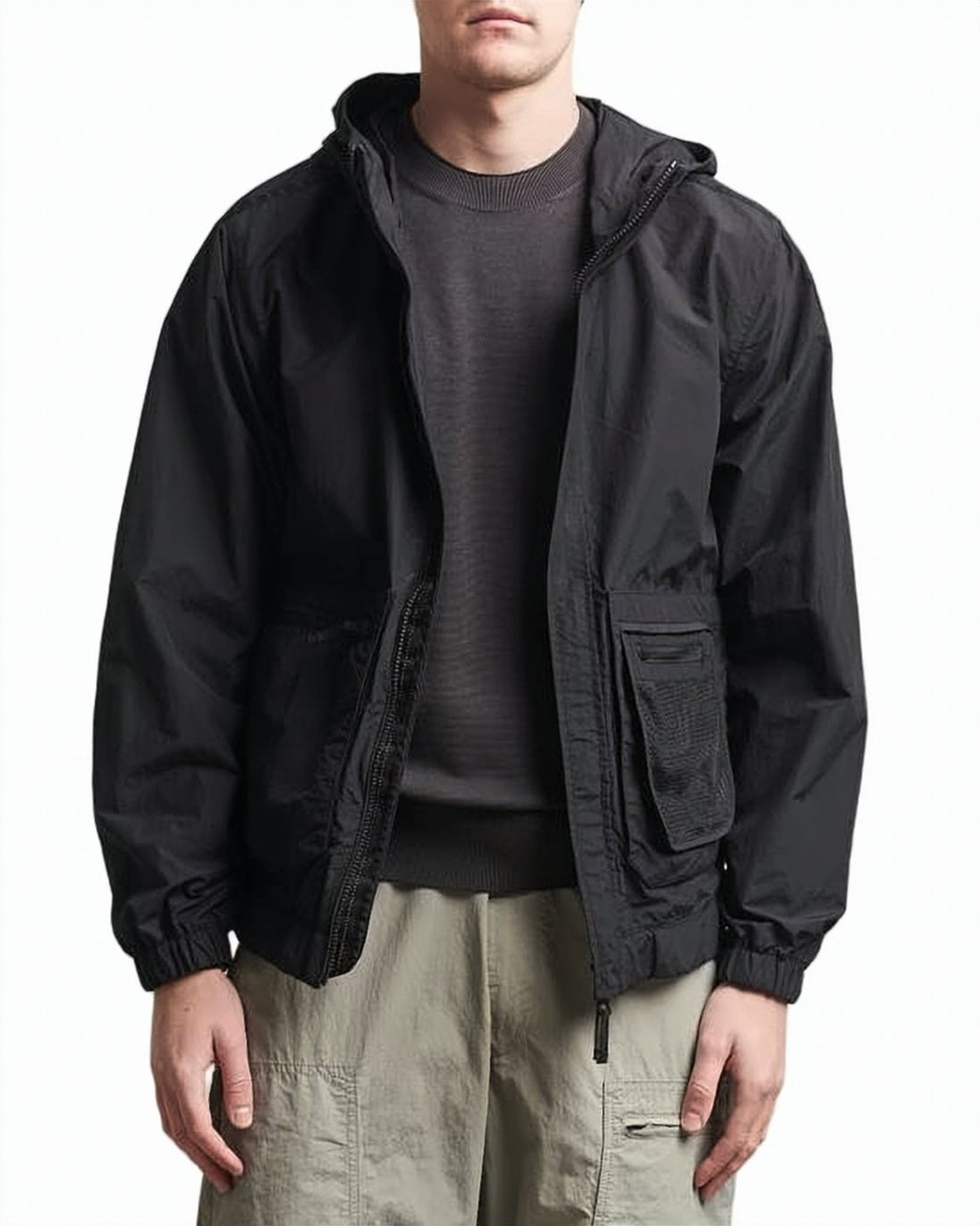 Lightweight Black Hooded Casual Jacket with Textured Finish