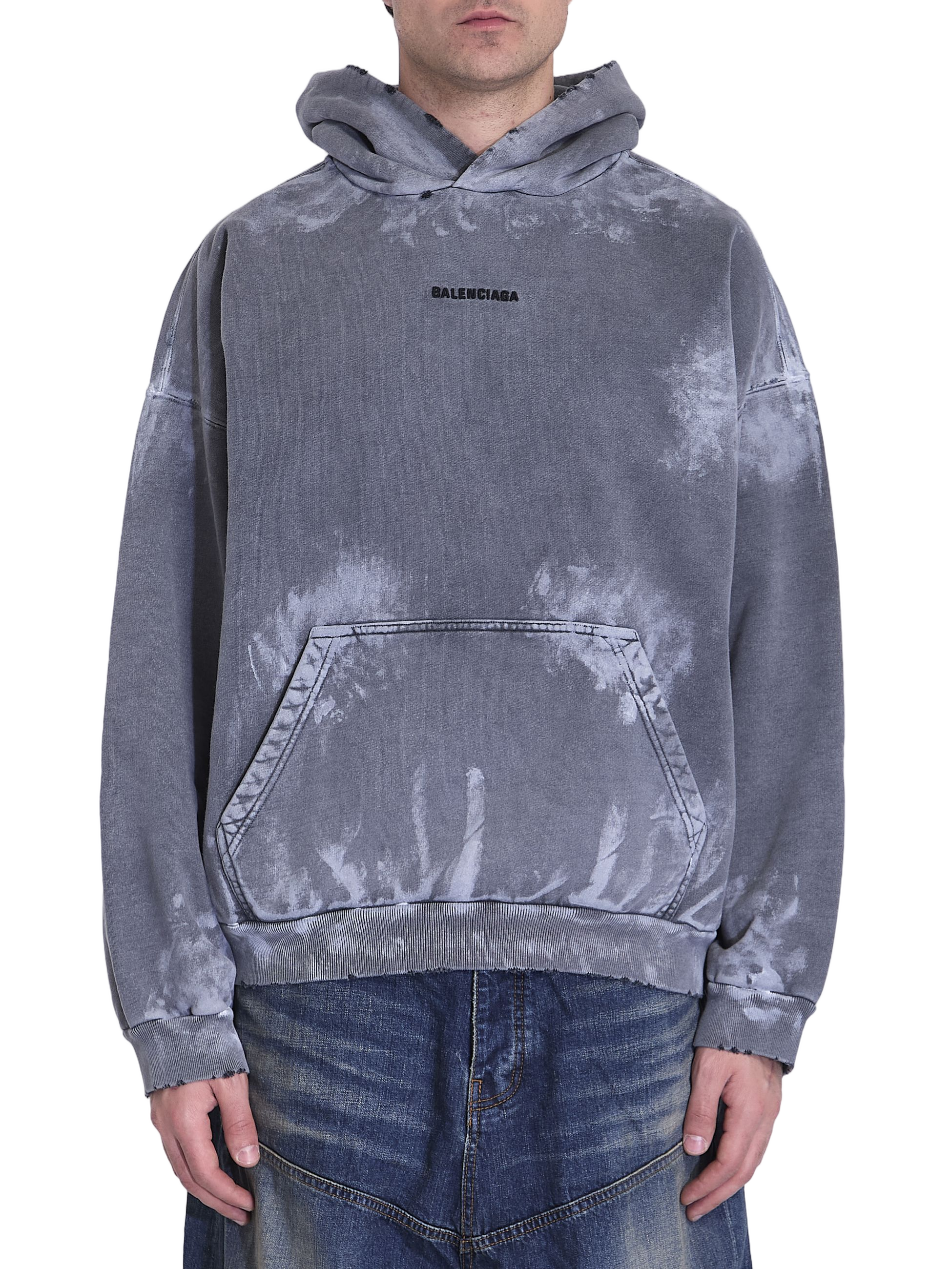 Washed Grey Oversized Hoodie with Tie-Dye Effect and Bold Logo