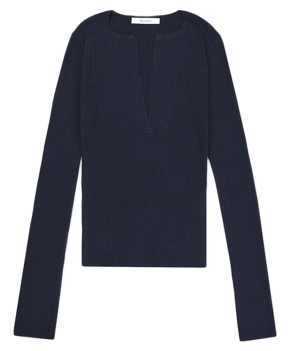 Long-Sleeved Deep V-Neck Sweater in Fine-Knit Silk-Cashmere Blend