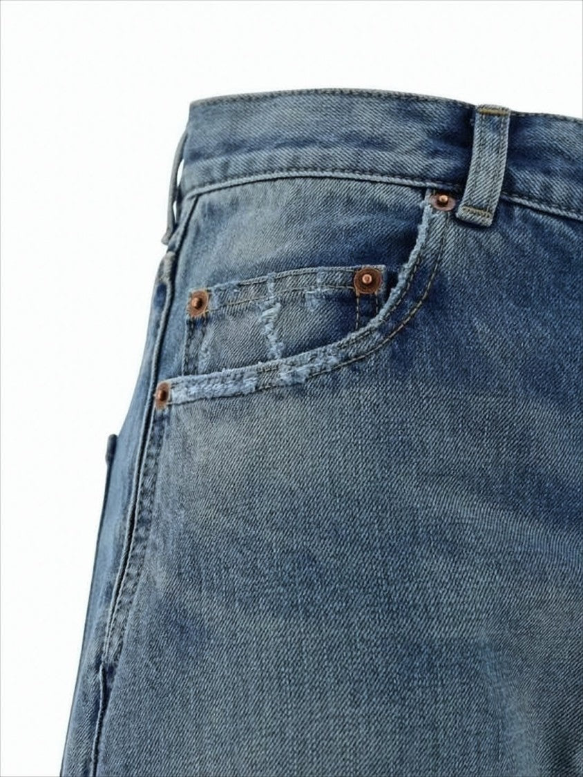 Straight-Leg Denim Pants with Subtle Distressed Hem