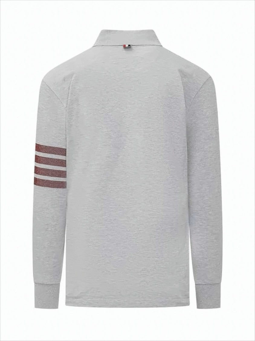 Textured Light Grey Long-Sleeve Polo Shirt with Striped Detailing