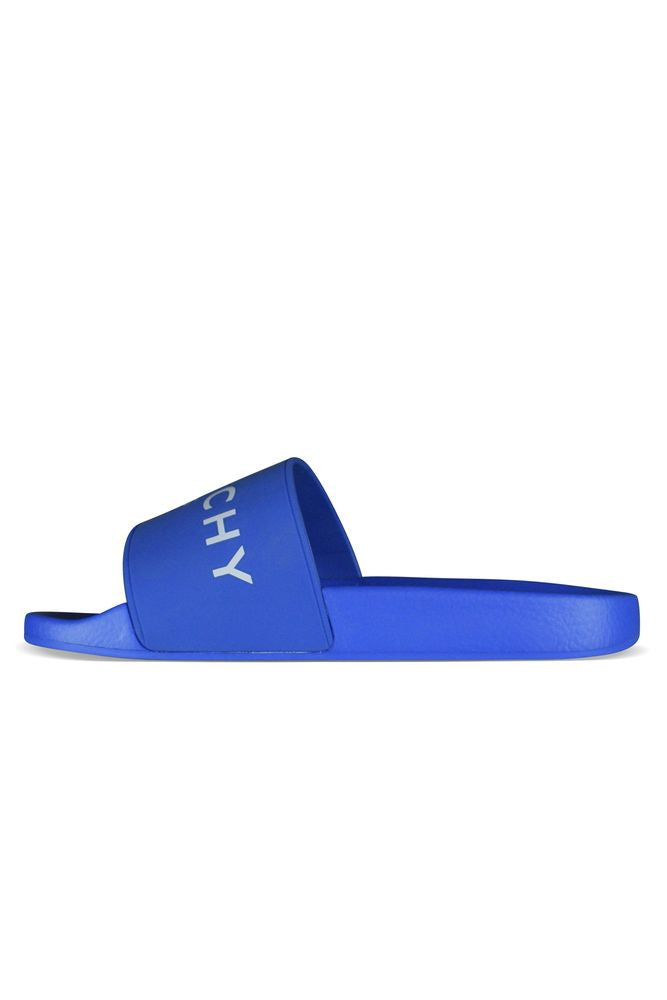 Wide Strap Blue Slides With Embossed Logo