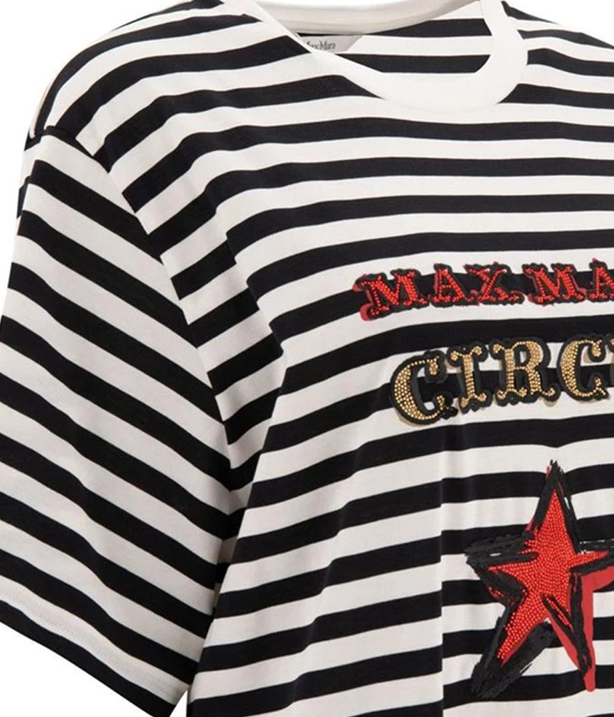 Horizontal Striped Short-Sleeved T-Shirt with Embroidered Graphics