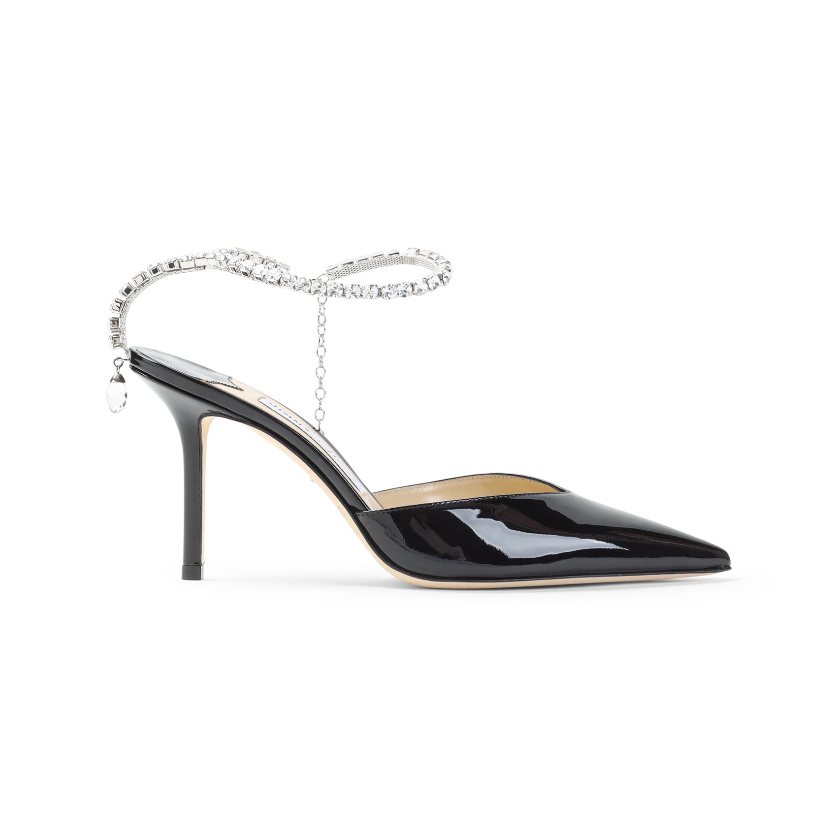 Crystal-Embellished Ankle Strap Patent Leather Pumps