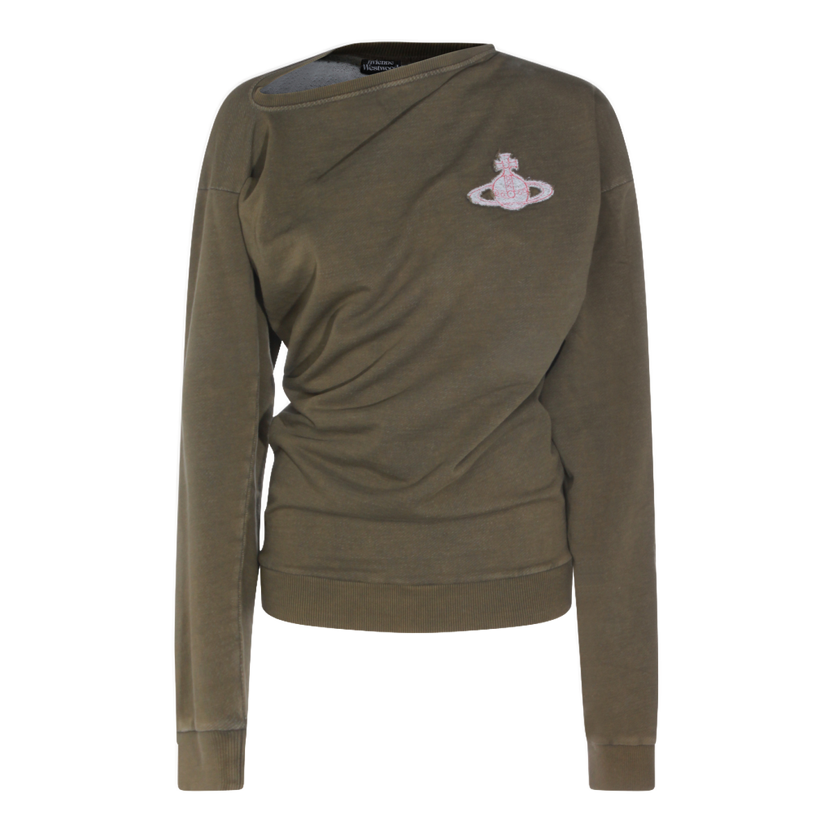 Asymmetrical Olive Green Sweater With Distressed Embroidery