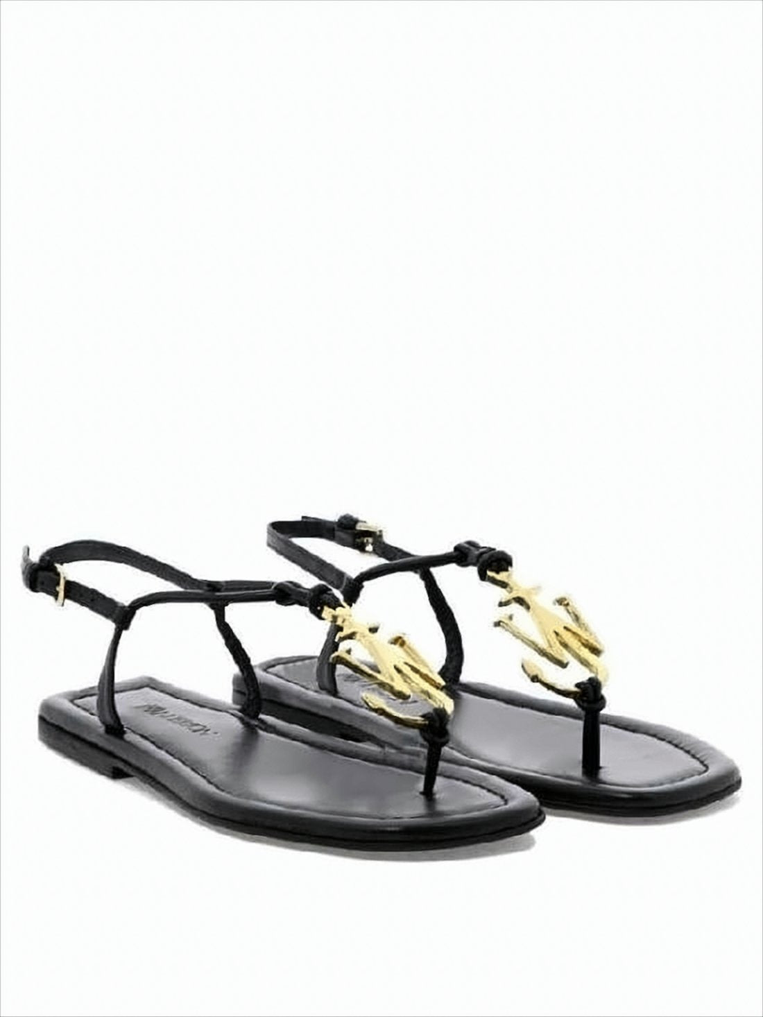 Black Leather Sandals With Gold-Tone Detailing