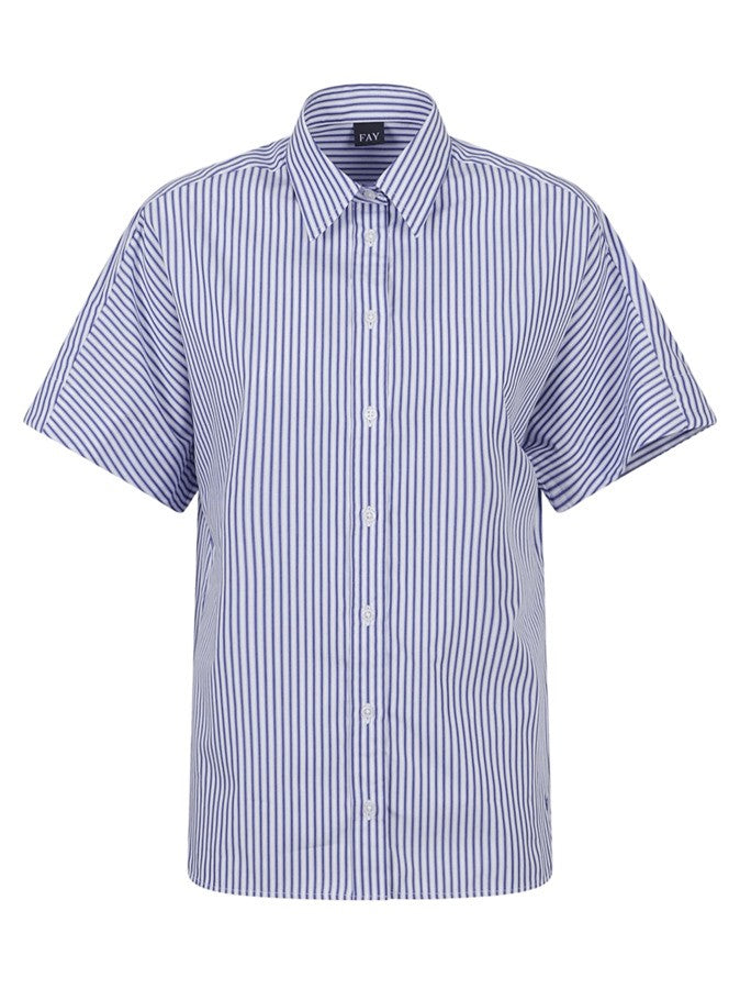 Blue Cotton Shirt With Classic Collar And Short Kimono Sleeves