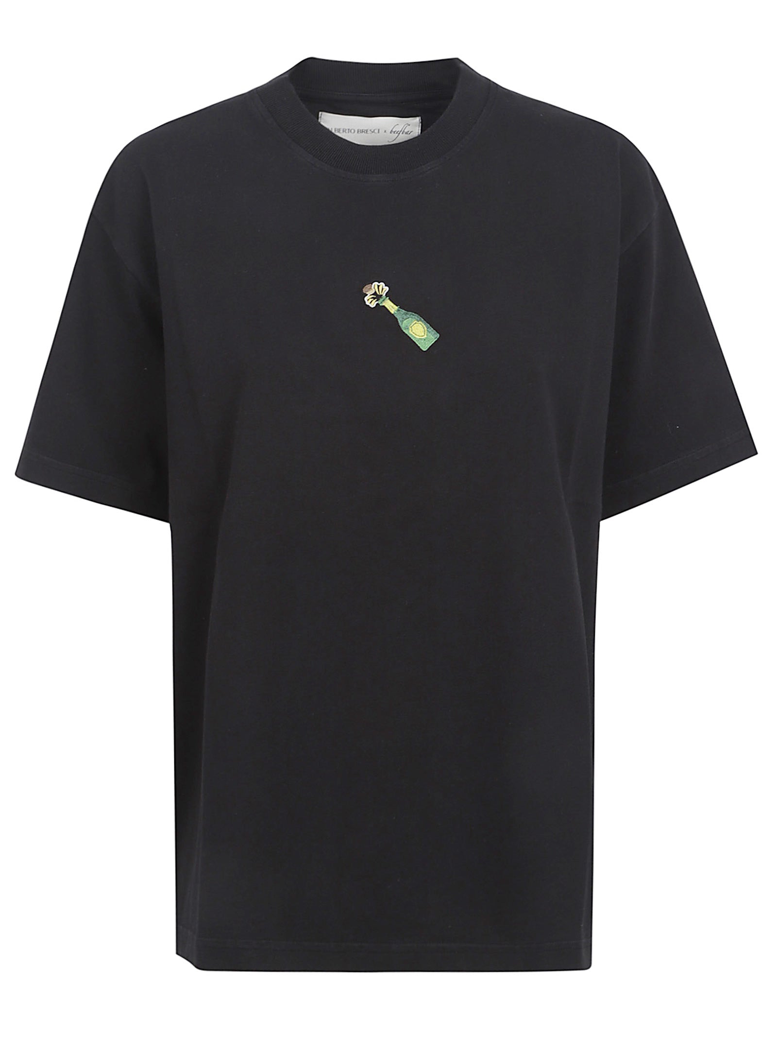Relaxed Fit Black T-Shirt with Embroidered Bottle Design