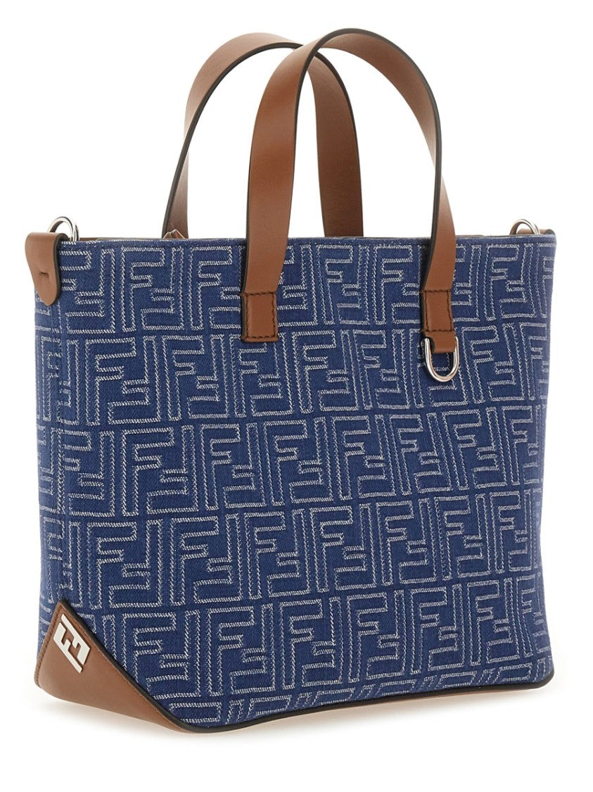 Structured Cotton Ff Shopping Bag With Leather Accents