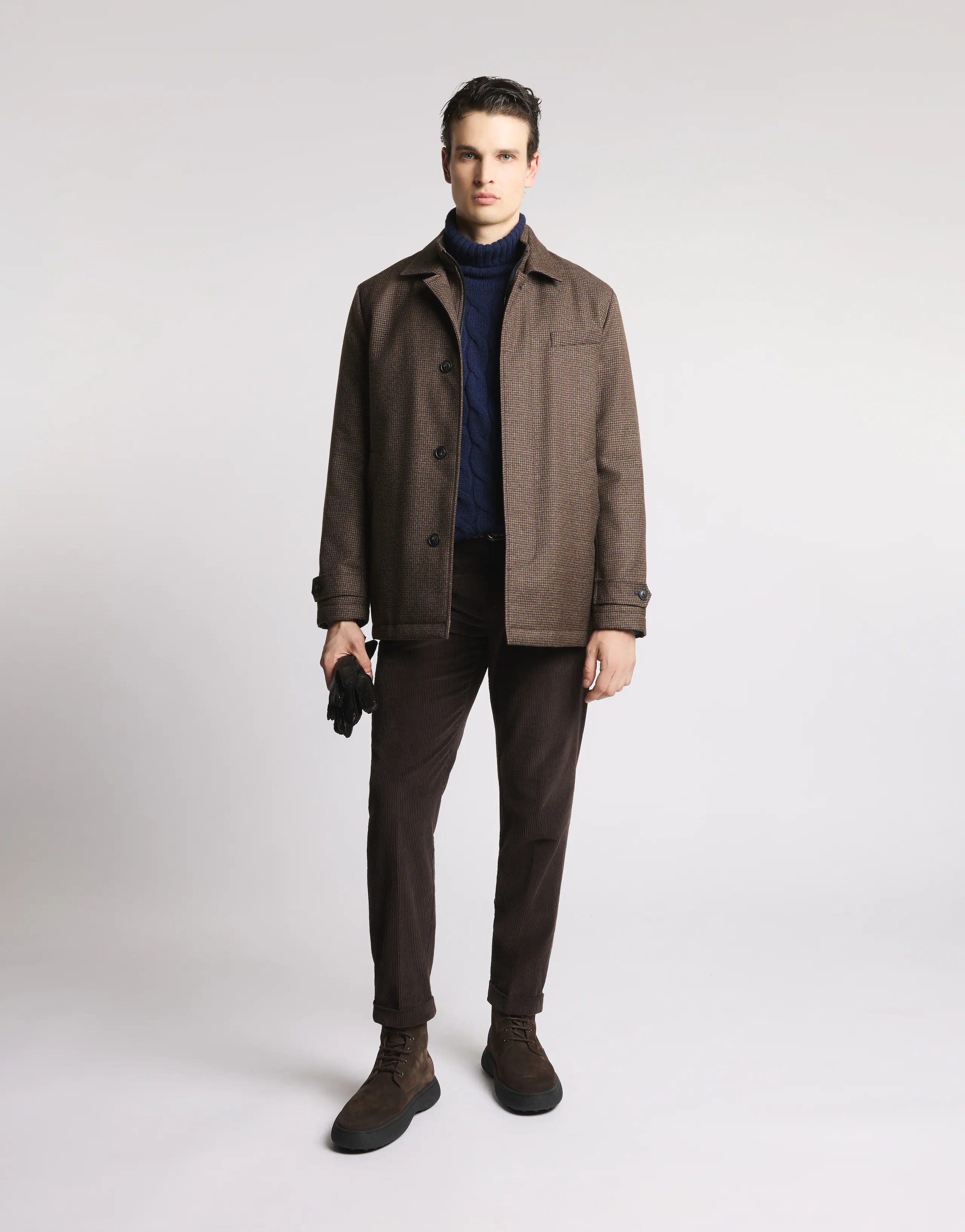 Brown Checked Wool Jacket With Subtle Detailing